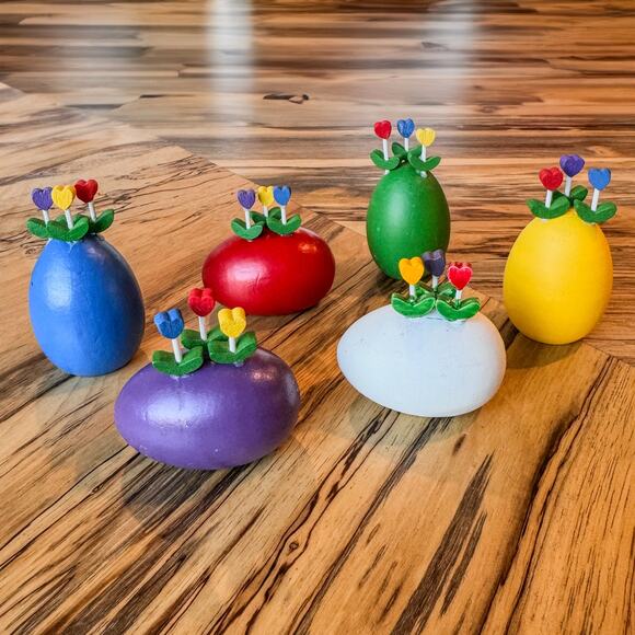 1980s Vintage Dept 56 Wooden Easter Eggs w Tulips-Set of 6-Original Box-Spring - Picture 1 of 10